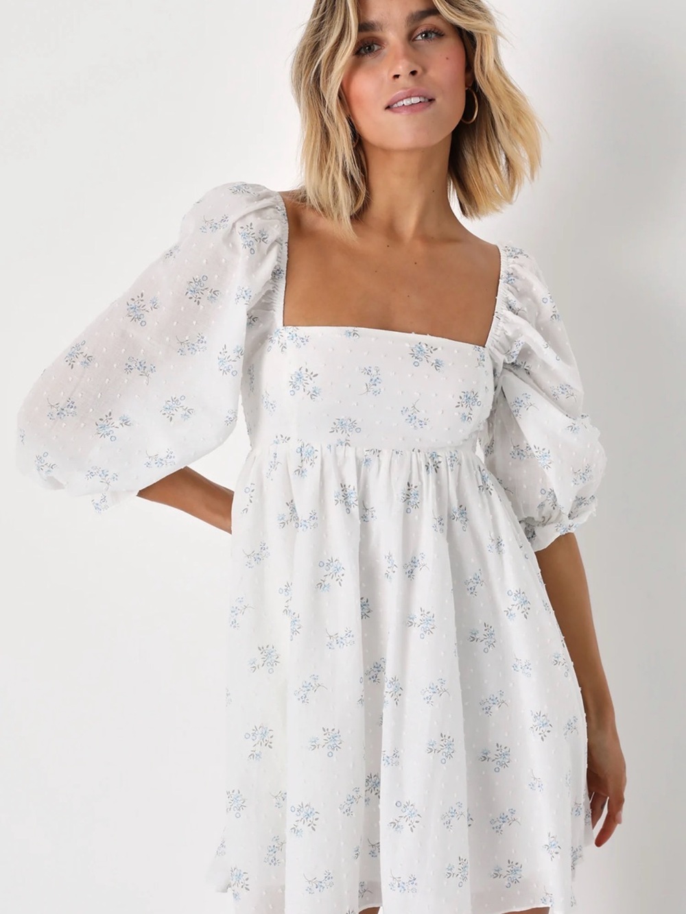 Lulus Always Charming White Floral Swiss Dot Babydoll Dress Long Sleeve